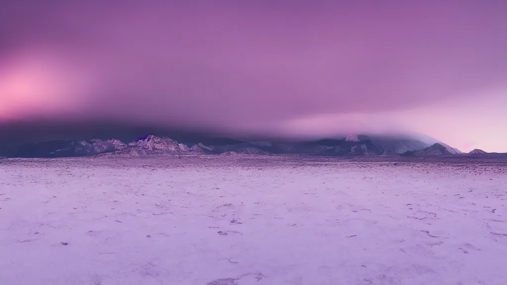 Image similar to soft glow pink desert with snow mountains and cloudy skies, purple fog, long exposure, detailed, hyper realistic, photorealism, landscape, ultra wide angle view, peaceful, cinematic, volumetric lighting, god ray through clouds