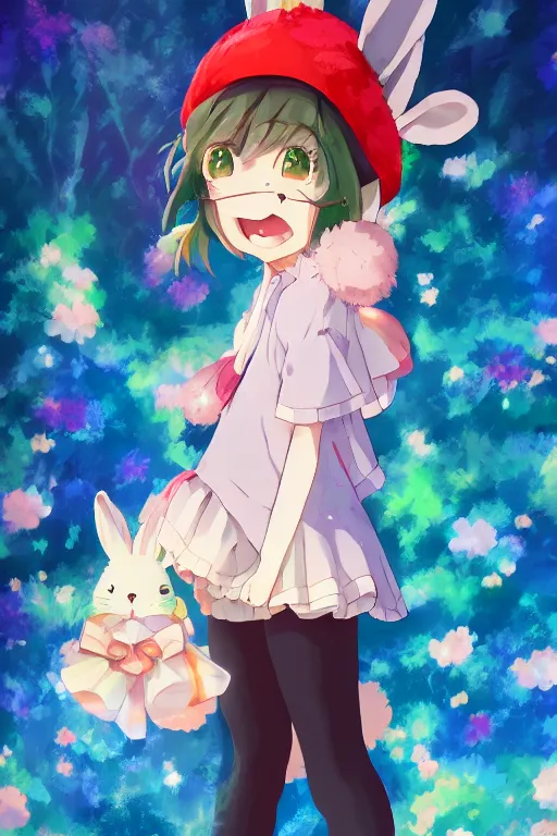 Prompt: Poster of tonemapped Smiling anime girl with bunny hat in the style of Makoto Shinkai, Yun Koga and Artstation