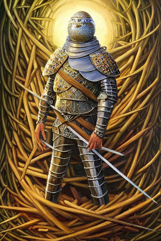 Prompt: classic oil painting, a medieval fantasy knight standing in a giant bird nest, as a dnd character, surrounded by broken egg shells, cottagecore, highly detailed, digital illustration, concept art, smooth, sharp focus, art by tim hildebrandt, and alex grey