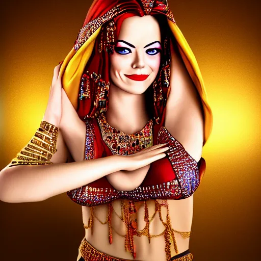 Image similar to a digital portrait of emma stone dressed as a belly dancer, arabian night, high quality, fully detailed, 4 k, in focus face with fine details, realistic hands