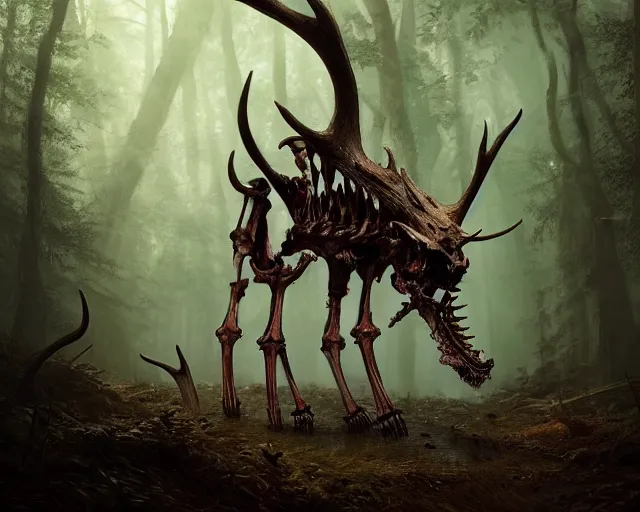 Image similar to 5 5 mm portrait photo of an armored demonic rat skeleton with antlers and red eyes, in a magical forest. magical atmosphere. art by greg rutkowski. highly detailed 8 k. intricate. lifelike. soft light. nikon d 8 5 0.