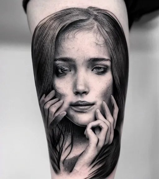 Image similar to a beautiful girl faded in a mountain scenery, realism tattoo, in the style of den yakovlev, black and white, hyper realistic, highly detailed