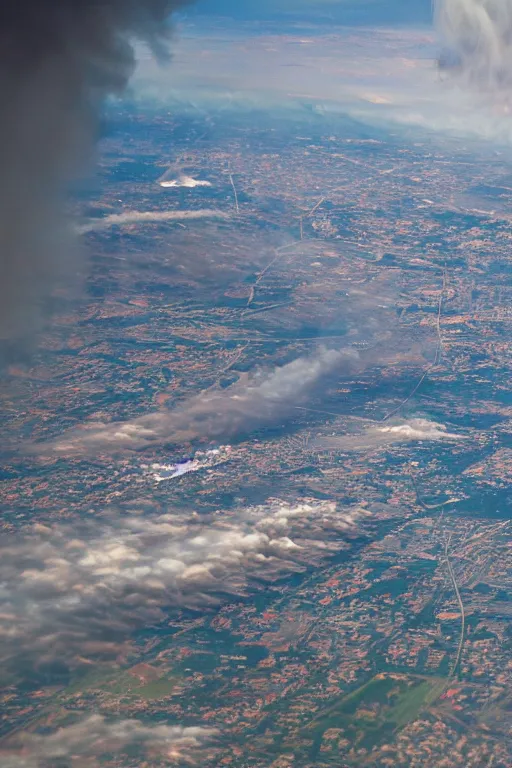 Image similar to inside airplane window view, aerial imagery, huge fire, very detailed, trending on artstation