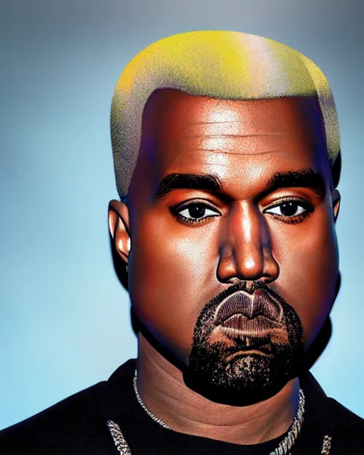 Image similar to kanye west dyed blonde hair 2 0 1 8, airbrush, drew struzan illustration art, key art, movie poster