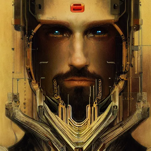 Image similar to portrait of bearded android, coy, circuitry visible in head, in the style of ex machina, karol bak, alphonse mucha, greg rutkowski, award winning, hr giger, artstation