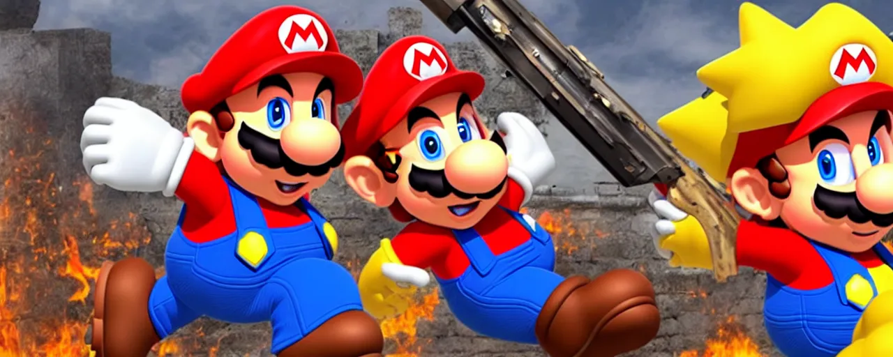 Prompt: mario with a shotgun at the gates of hell