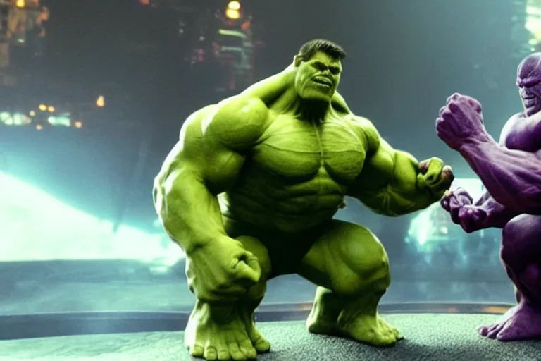 Image similar to thanos and hulk competing in an arm wrestling match, cinematic, dramatic, color grading, photojournalism, highly detailed