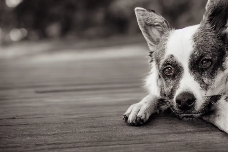 Prompt: old dog lying on a wooden dusty boardwalk shallow depth of field award winning