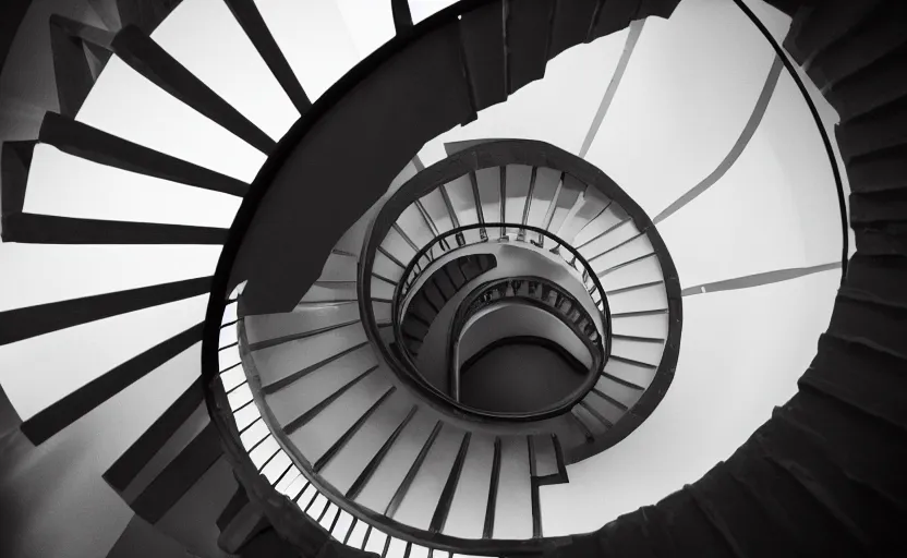 Prompt: frank ocean building a spiral staircase in the centre of the room, greyscale,