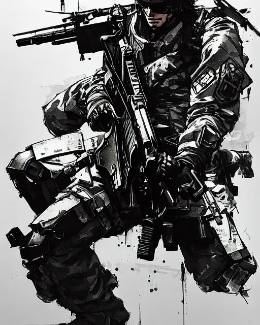 Prompt: a soldier wielding a machine gun, concept art, artstation, trending, highly detailed, smooth, focus, art by yoji shinkawa