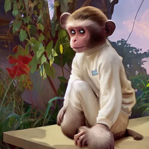 Prompt: young boy wearing white fabric pajama with cartoon paintings on it standing infront of a small furry smiling monkey. highly detailed, digital painting, artstation, concept art, smooth and sharp focus, cg by tian zi and wlop and alphonse mucha