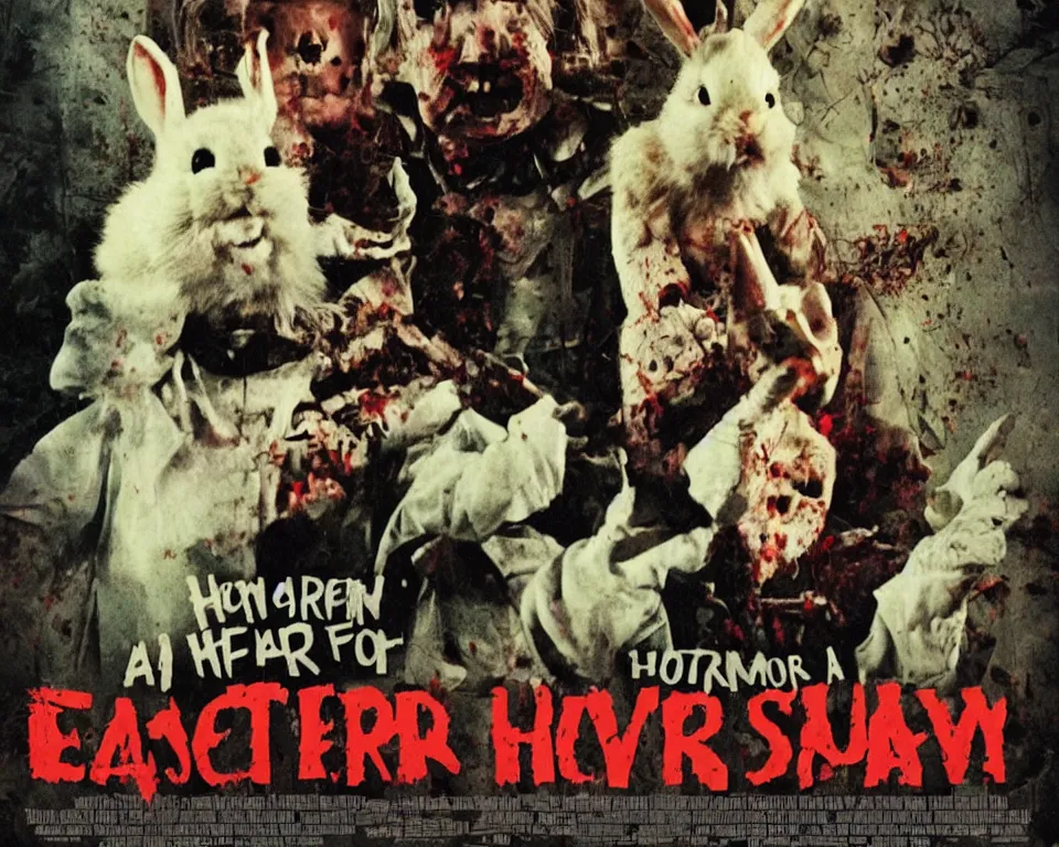 Image similar to a horror movie poster featuring the easter bunny