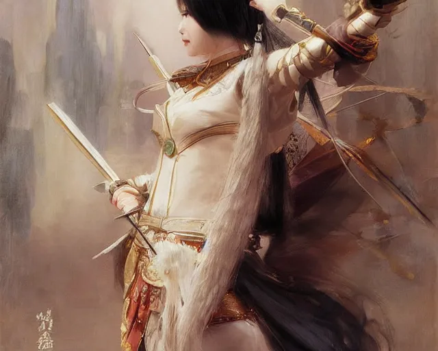 Image similar to a young japanese princess warrior lady with white hair and bangs!!!!, posing, white hair highly detailed painting by gaston bussiere, craig mullins, j. c. leyendecker 8 k