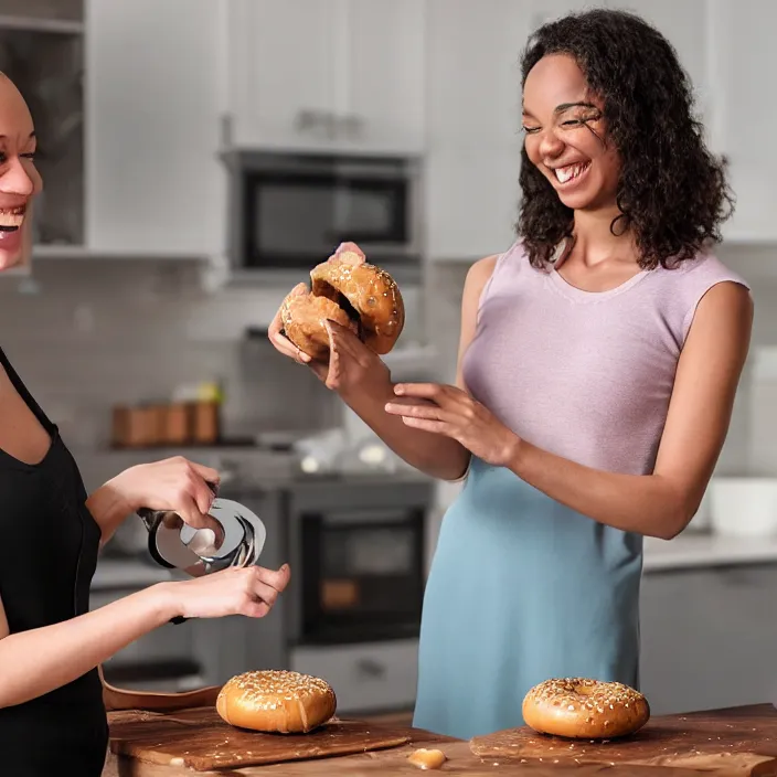 Image similar to a woman that is extremely happy about a young woman receiving her new bagel slicer from the future in the mail from amazon, 8 k,