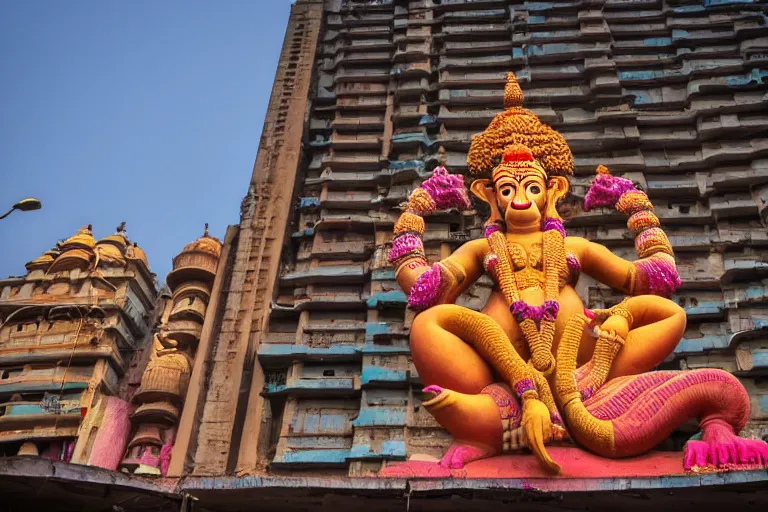 Image similar to dreamscape! mumbai with biomorphic hanuman!! head building, kalighat, sharp hyperrealistic cinematic smooth, stephen shore & john j. park, soft morning light, wide shot, high angle, uhd 8 k, deep focus