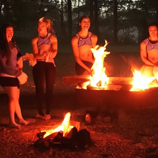 Prompt: college gymnasts at a campfire