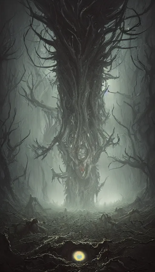 Image similar to a storm vortex made of many demonic eyes and teeth over a forest, by wlop