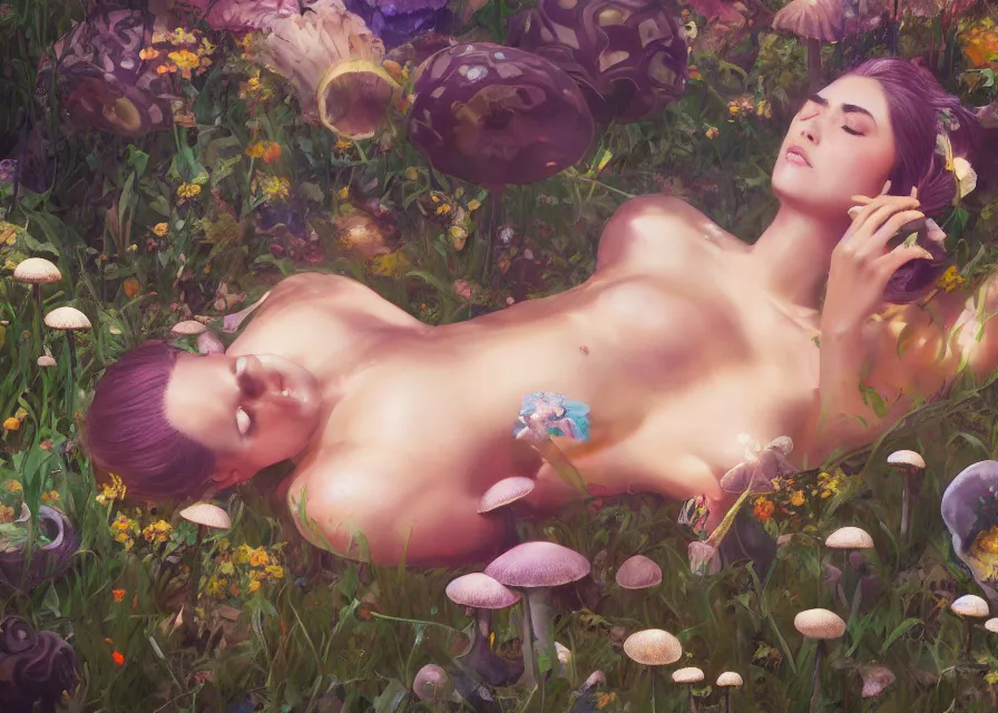 Prompt: painting of A woman laying in a sea of flora from super mario brothers, mushroom kingdom theme, trending on ArtStation, masterpiece, by Greg Rutkowski, by Ross Tran, by Fenghua Zhong, octane, clear eyes, soft render, clear facial features, oil on canvas, moody lighting, cinematic, professional environment concept art