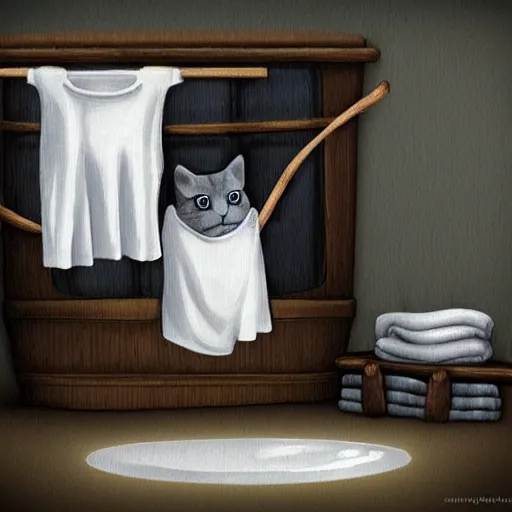 Image similar to story book illustration of laundry made from cat, art station trending.