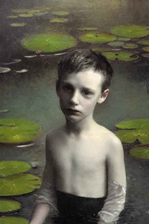 Image similar to detailed cinematic moody colors studio portrait of a young victorian gentleman in a beautiful victorian water pond, water lilies, high quality by jeremy mann, only one head single portrait