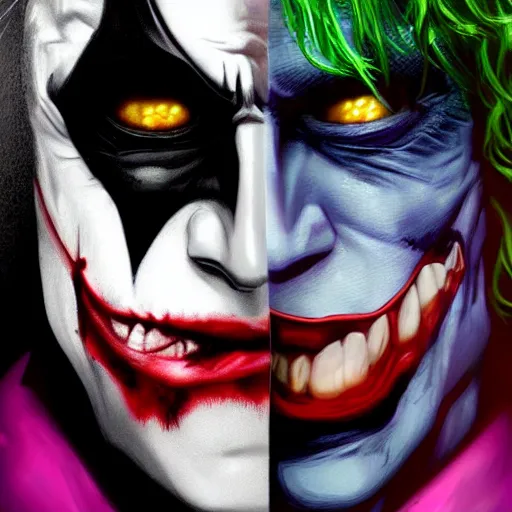 Image similar to the dark knight with joker makeup on the face, digital painting, amazing detail, artstation, cgsociety