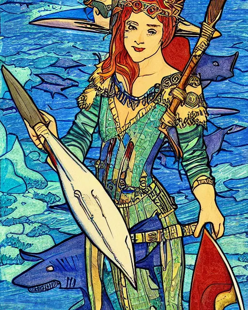 Image similar to a shark pirate queen with iridescent coloring and holding melee weapons by ivan bilibin