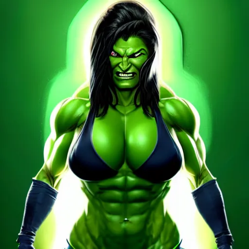 Prompt: beautiful Gina Carano skinny She Hulk green skin, symmetrical, middle shot, portrait, highly detailed, digital painting, artstation, concept art, smooth, sharp focus, illustration