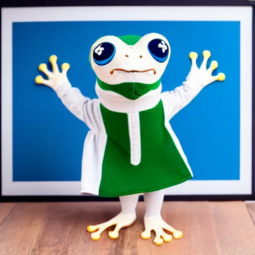 Image similar to cute frog wearing a sailor suit, studio photography,