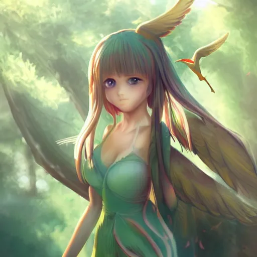 Image similar to a girl with wings in the forest,anime,artstation, very detailed