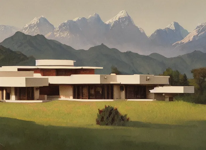 Image similar to painting of a frank lloyd wright house in front of beautiful mountains by greg rutkowski