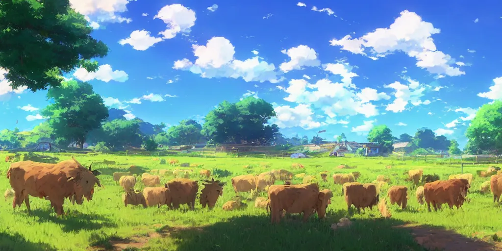 Image similar to Sunny farm with blue skies and wilderness, bright colors and high picture quality, by Makoto Shinkai