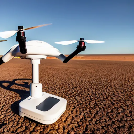 Prompt: sleek white industrial drone, with googly eyes, for monitoring the australian desert, XF IQ4, 150MP, 50mm, F1.4, ISO 200, 1/160s, dawn, golden ratio, rule of thirds