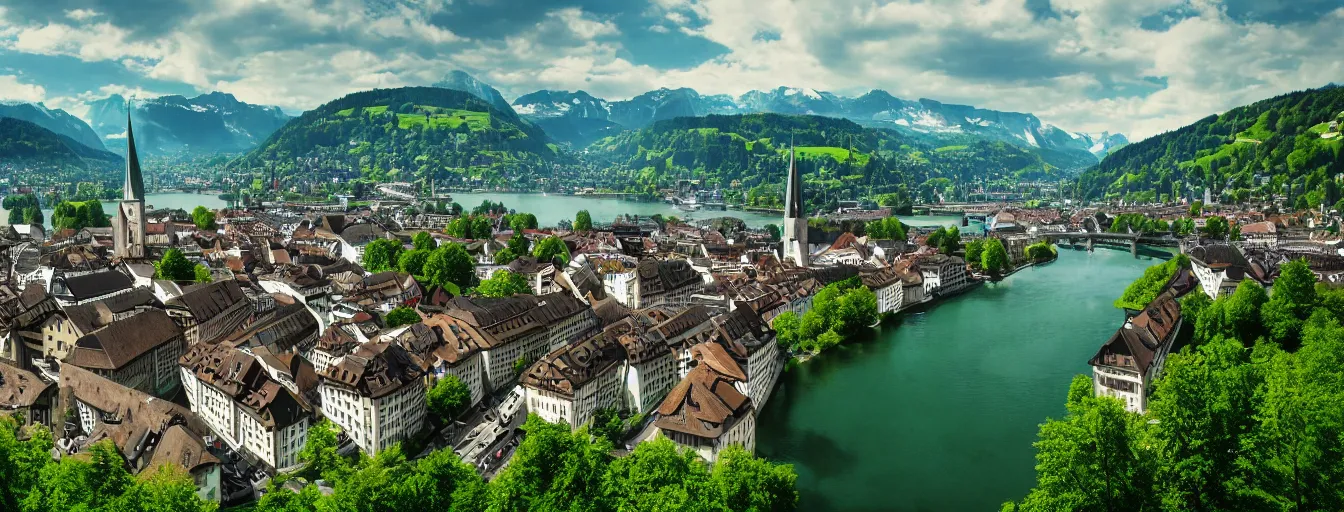 Image similar to Photo of Zurich, looking down the river at the lake and the alps, Hardturm, Grossmünster, wide angle, trees, volumetric light, hyperdetailed, green water, artstation, cgsociety, 8k