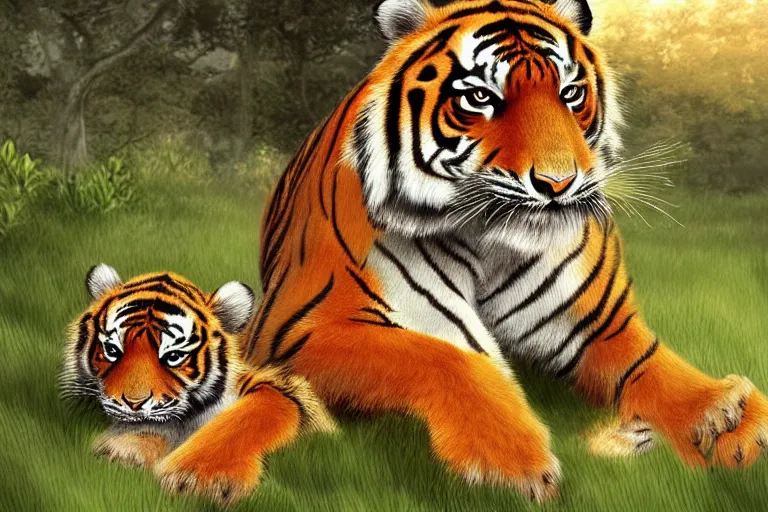 Prompt: beautiful aesthetic digital illustration of a solitary female tiger with her litter of newborn cubs by Lisa Parker and Anne Stokes, matte background, deviantArt, artstation, trending on artstation