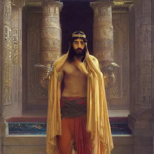 Image similar to orientalist portrait of a sage wearing a golden mask casting a glowing lightning magic spell in a sandstone temple intricate portrait by john william waterhouse and Edwin Longsden Long and Theodore Ralli and William-Adolphe Bouguereau, very coherent symmetrical artwork. Cinematic, hyper realism, high detail 8k