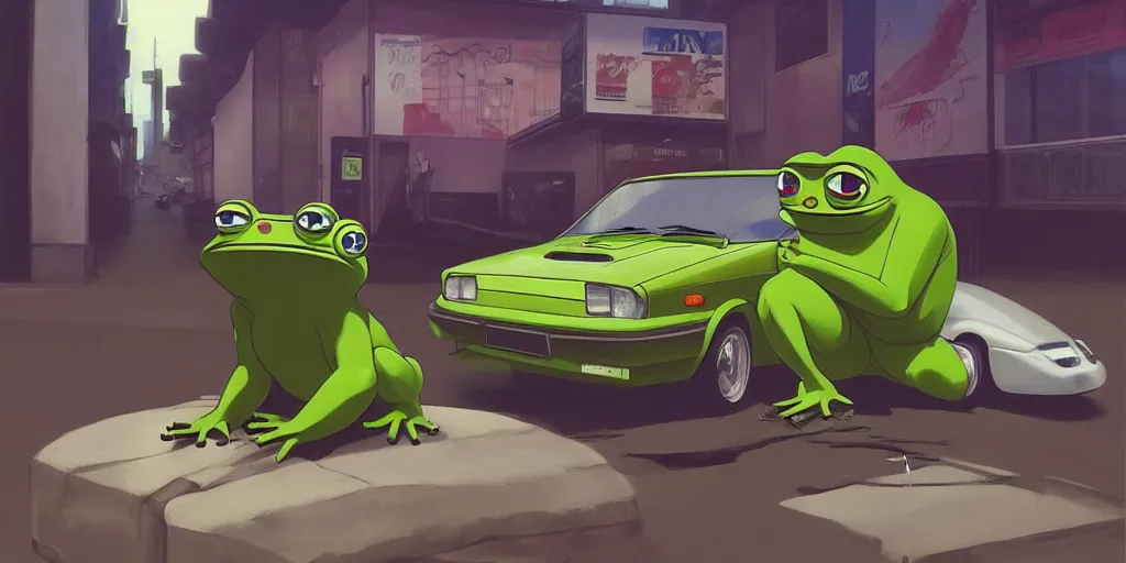 Image similar to pepe the frog posing next to a parked ae 8 6 on a tokyo street, digital painting, masterpiece, by ilya kuvshinov, by frank frazetta, by mbius, by reiq, by hayao miyazaki