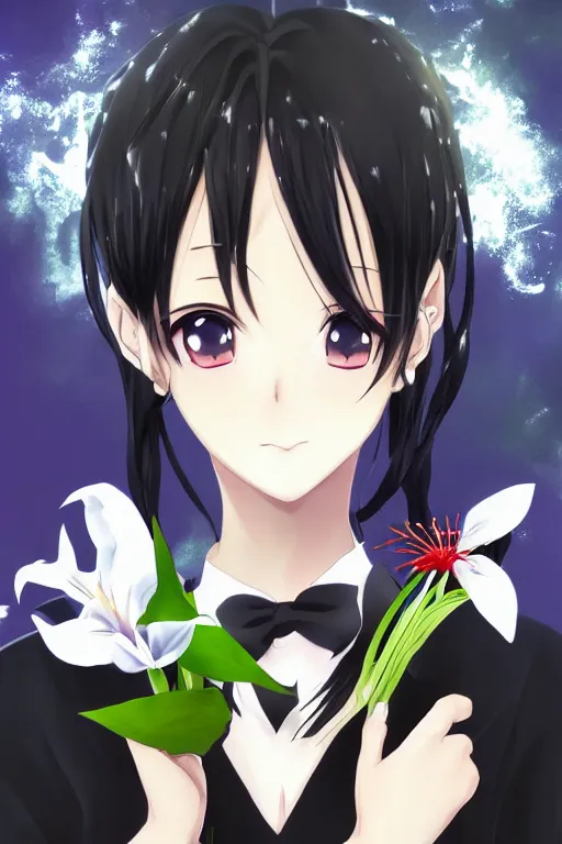 Image similar to Key anime visual of a beautiful girl with black hair and red eyes holding a spider lily; wearing white blouse with black tie; trending on Pixiv; digital art