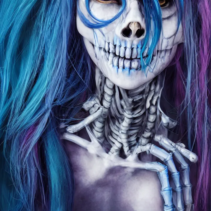 Prompt: portrait of female alt model with blue hair as a skeleton. intricate abstract. intricate artwork. nightmare fuel. by Tooth Wu, wlop, beeple, dan mumford. octane render, trending on artstation, greg rutkowski very coherent symmetrical artwork. cinematic, hyper realism, high detail, octane render, 8k, iridescent accents