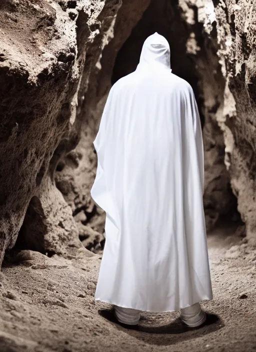 Image similar to photograph of a future jewish prophet wearing a white hood, cinematic, epic framing, closeup, dslr. spiritual, candle lit cave background