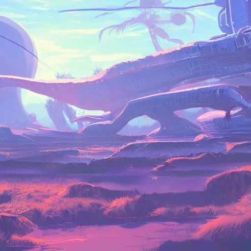 Image similar to concept art painting of an alien world full of alien dinosaurs, detailed, cel shaded, in the style of makoto shinkai and moebius and james gurney
