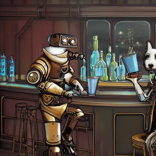 Image similar to a steampunk robot is at the bar and orders a drink from a (TY fluffy puppy) bartender, cgsociety.