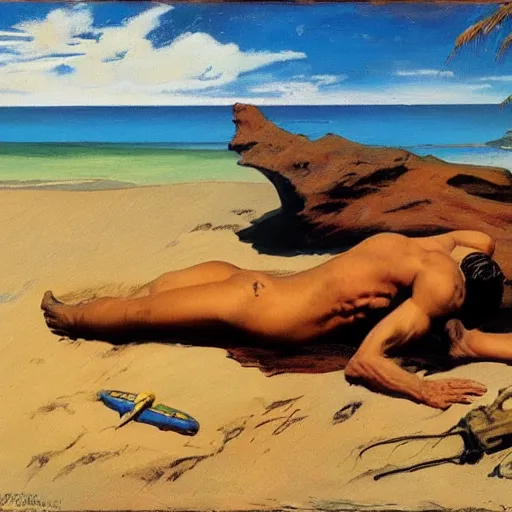 Prompt: a man laying on a Martian beach, frank frazetta