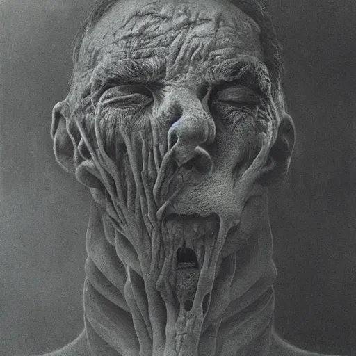 Image similar to a man eating his own face, painted by zdzislaw beksinski