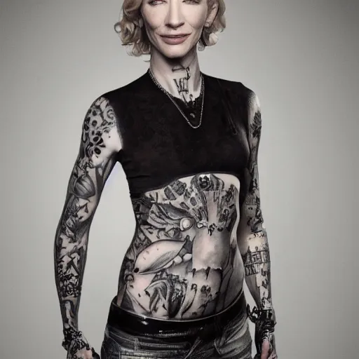 Image similar to full body tattooed cate blanchett, highly detailed, photorealistic, 4k