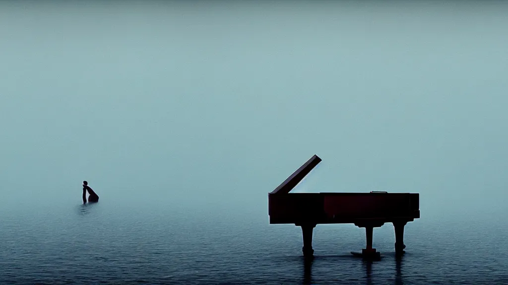 Prompt: the giant piano, made of water, film still from the movie directed by Denis Villeneuve with art direction by Zdzisław Beksiński, wide lens