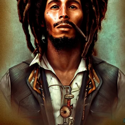 Prompt: steampunk portrait of bob marley, natural, hyper detailed, digital art, trending in artstation, cinematic lighting, studio quality, smooth render, unreal engine 5 rendered, octane rendered, art style by klimt and nixeu and ian sprigger and wlop and krenz cushart.