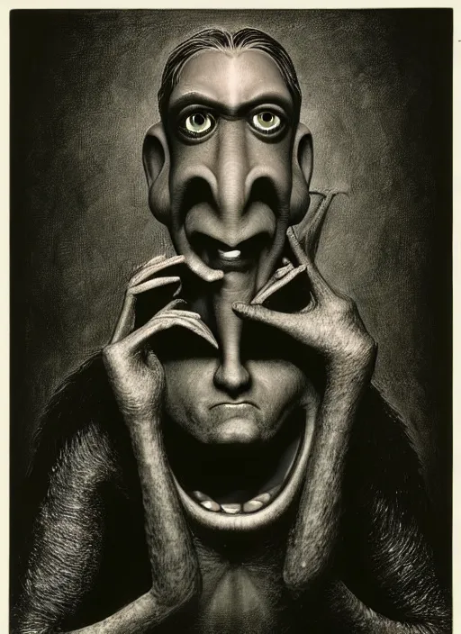 Image similar to photograph of george clooney from monsters inc. by hieronymus bosch, joel peter witkin, misha gordin, gustave dore, matte painting