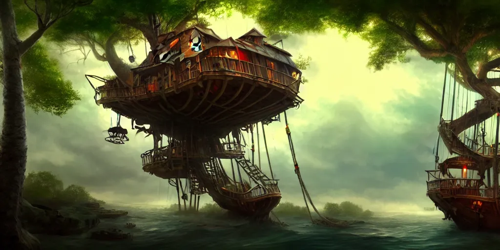 Image similar to A treehouse in the shape of a pirate ship, torn sails, cargo net, crows nest, the treetops of giant oaks, game art matte painting hyperdetailed, artstation, cgsociety, 8k, surreal dream landscape