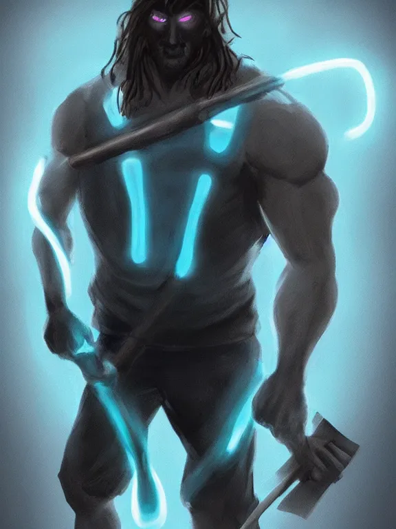 Image similar to portrait art of a muscular man with light blue skin and glowing eyes, wearing a dark blue outfit with now sleeves, fingerless gloves, black shoes. He is carrying a large shovel!!!!!!. around his neck is a glowing light blue vial, 8k ultra realistic , lens flare, atmosphere, glow, detailed, intricate, full of colour, cinematic lighting, trending on artstation, 4k, hyperrealistic, focused, extreme details, unreal engine 5, cinematic, masterpiece