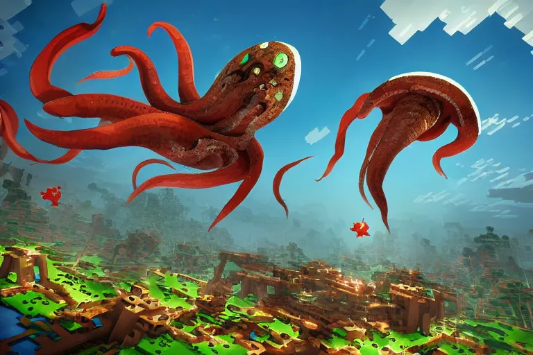 Image similar to giant squids battling in the sky, minecraft, digital art, artstation, highly detailed, 4 k